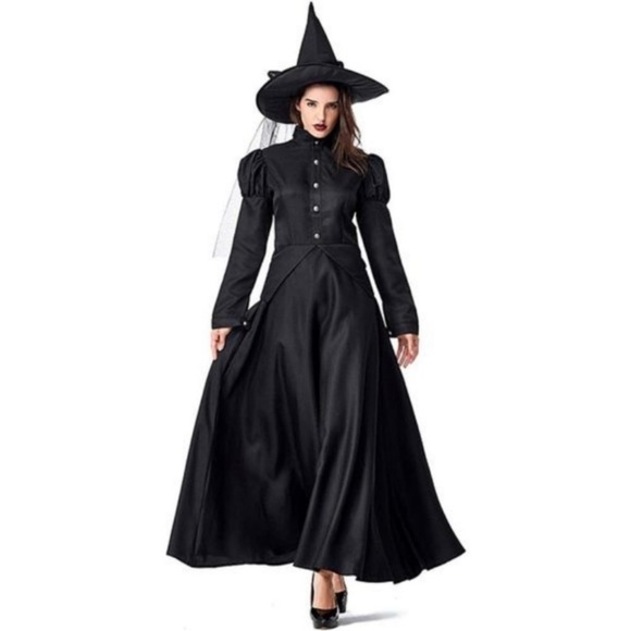 (4PC) Halloween Costume Black Witch Dress Long Maxi Petticoat Hat Hat scarf - Picture 4 of 5